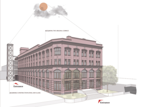 Image rendering of the old Studebaker Automobile Company administration building, building in red brick with two entrances, by MSHP student Mozhgan Pakcheshm '25.
