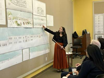 Alexandra Indacochea '24 presenting her senior thesis project to a group of external jury reviewers titled, "A Building Arts College for Arequipa, Peru."