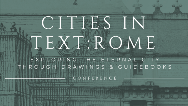 Green image overlayed on a drawing of Rome, for the Cities in Text:Rome Conference.