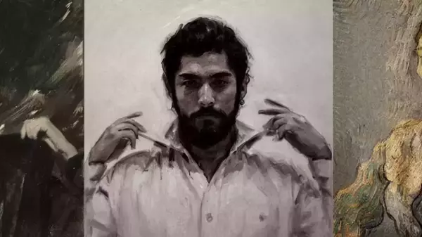 Oil painting of a bearded man with dark hair, wearing a white shirt, gazing forward while holding his collar. Visible brushstrokes create a textured, muted-tone portrait.