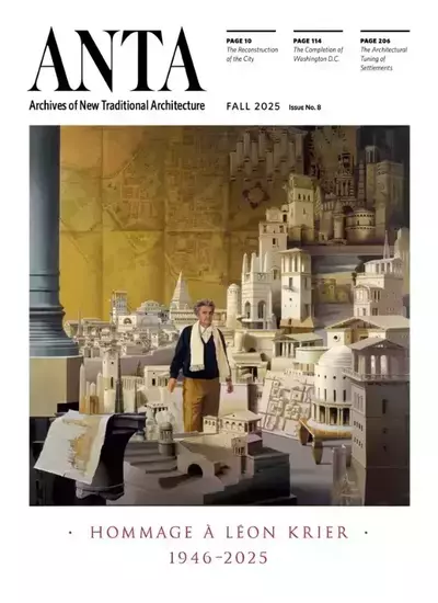 Architect Léon Krier, an older man in a blue sweater and white scarf, stands among numerous white classical architectural models of buildings. A large golden, map-like city plan forms the backdrop.