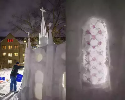At night, a person shapes a detailed snow sculpture resembling a Gothic church with spires and crosses. Behind, a multi-story Notre Dame building glows with light from its windows. Right: a close-up of a snow window with pink, geometric "stained glass" patterns.
