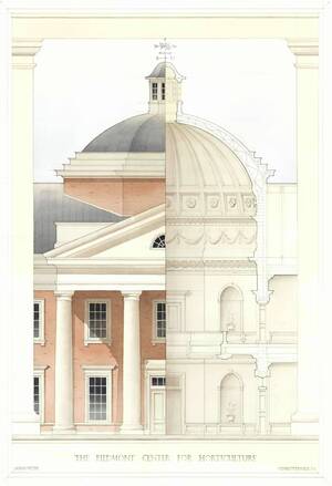 Architectural sectional elevation watercolor of The Piedmont Center for Horticulture: brick exterior, columns, dark dome; structural interior. Watercolor by Sarah Elizabeth Beiter B.Arch '26, winner of the Lois E. Nichols Prize. Section drawing of main building for her thesis project: The Piedmont Center for Horticulture at the Botanical Garden of the Piedmont in Charlottesville, Virginia.