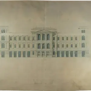 Aged architectural drawing of a classical building facade with a central pediment, many windows, and a faint floor plan below.