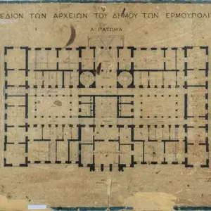 Old sepia plan of Hermoupolis Town Hall first floor, showing rooms, corridors, two spiral staircases.
