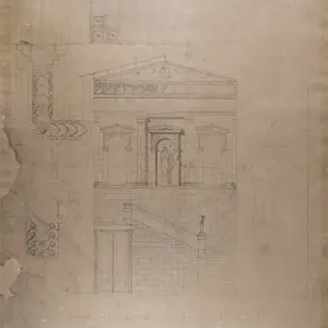 Aged architectural drawing in pencil of a classical building facade featuring a pediment, frieze, statue, and a grand staircase.