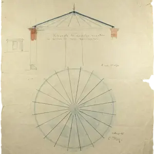Aged architectural drawing of a circular building. Elevation with blue roof, red details, Greek text. Radial plan view. Signed C. Thiersch, 1886.
