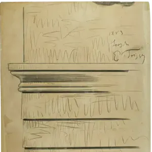 Pencil drawing on aged paper depicting a detailed architectural molding with a background of abstract scribbles. Dated 1883.