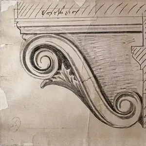 Pencil drawing on aged paper of a classical Ionic column capital in profile and an ornate capital with stylized leaves.