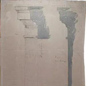 Architectural drawing on creased paper of a column capital, shaft, and simplified column profile, with Greek text.
