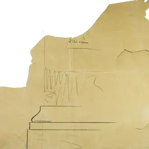 Torn, aged, crumpled tan paper displays a detailed pencil drawing of an architectural molding and abstract wavy lines.