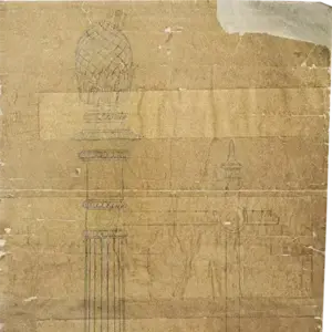 Detailed architectural sketch of an ornate fluted column with a finial on crumpled, tan paper.