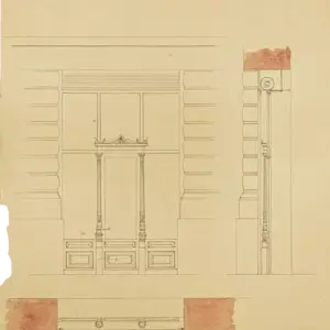 An 1888 architectural drawing from Athens, Greece, of a shop facade with elevation, section, and plan views. Faint reddish details.