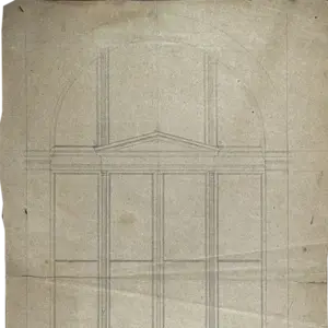 Architectural pencil drawing on faded tan paper of a classical facade with an arched top and pediment.
