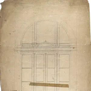 Detailed blueprint on faded tan paper showing an arched window elevation with a pediment, multiple vertical panes, and old tape.
