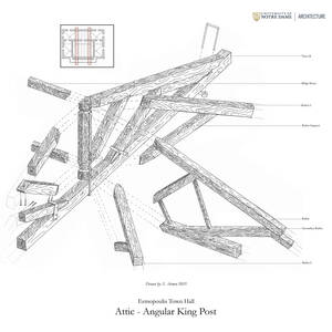 Isometric line drawing of an angular king post timber roof truss system for Ermoupolis Town Hall attic.