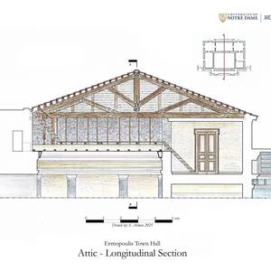 Longitudinal section of Ermoupolis Town Hall attic, showing wooden roof trusses, red roof tiles, and stone walls.