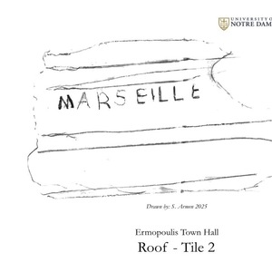 Sketch of Ermopoulis Town Hall Roof Tile 2, featuring the word "MARSEILLE" and number 12.