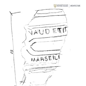 Sketch of a roof tile fragment, Ermopoulis Town Hall, marked "VAUDETT" and "MARSEILLI," 25 units high.