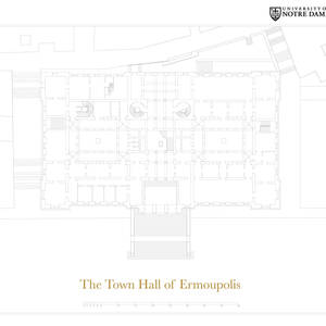 Architectural blueprint of The Town Hall of Ermoupolis, showing the ground floor layout with multiple rooms and staircases.